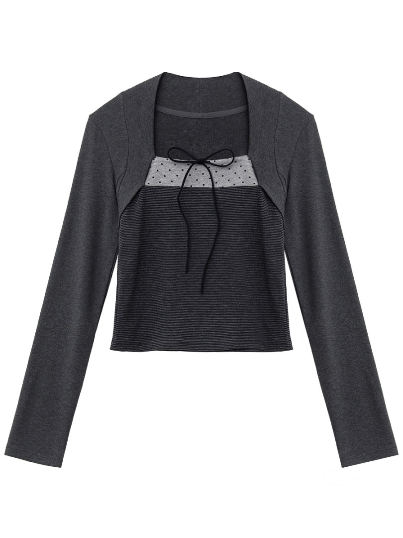Dark gray long-sleeve cropped top with tie detail on white background