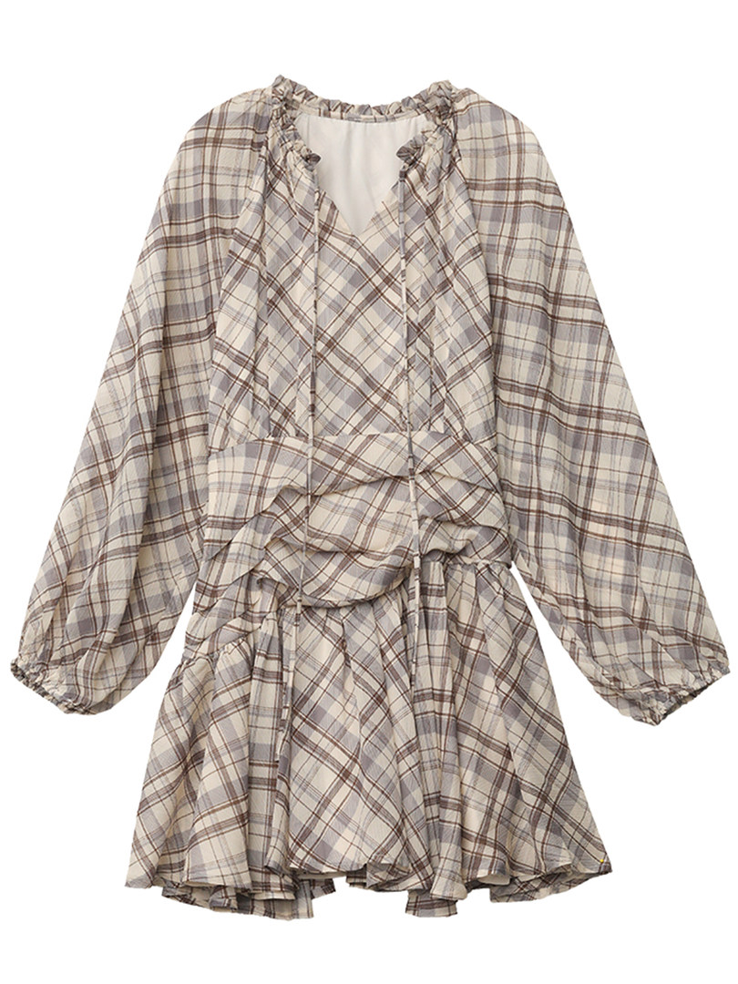 Plaid long-sleeve ruffled mini dress on a white background