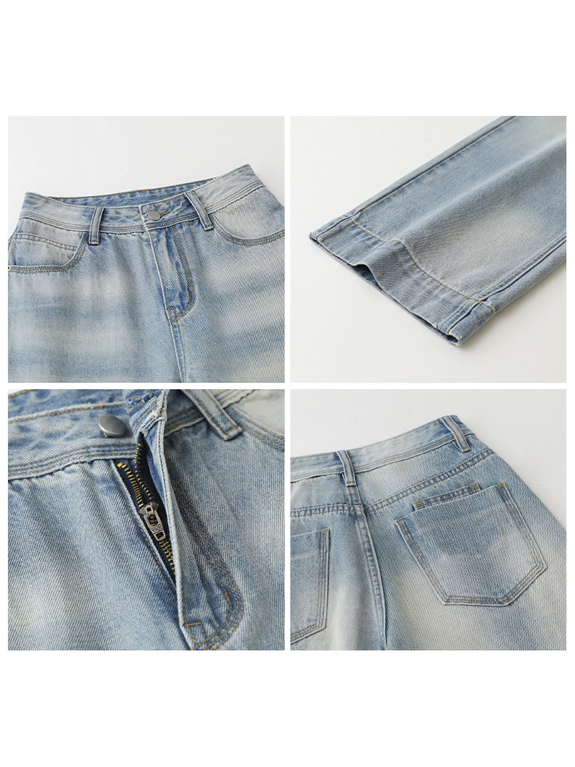 Light-wash denim jeans shown in close-up detail views