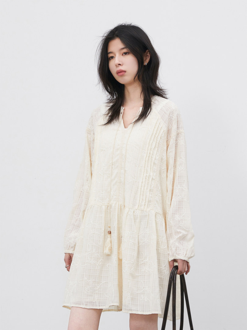 Model wearing a cream long-sleeve sheer dress on a white background