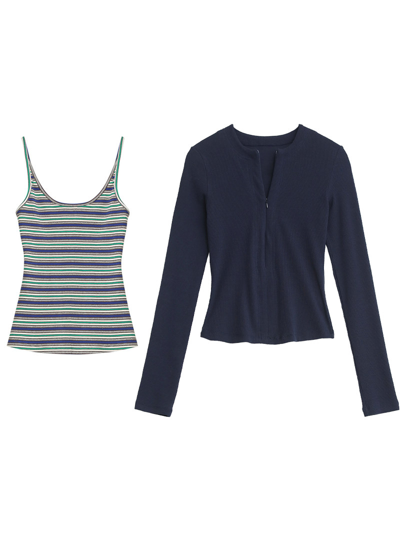 Flat lay of two women's tops: a striped tank top and a navy long-sleeve shirt