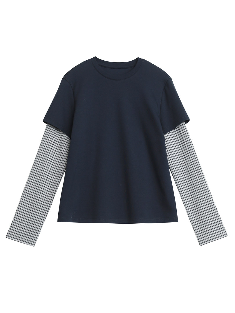 Black long-sleeve layered top with striped sleeves laid flat on a white background