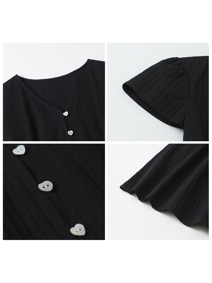 Black ribbed button-front garment with heart-shaped buttons shown in close-up detail shots