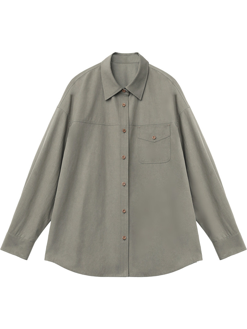 Light gray long-sleeve button-up shirt laid flat on a white background