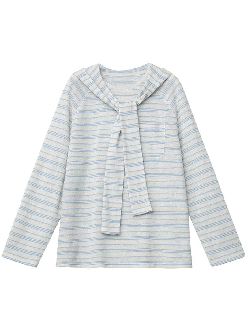 Light gray striped long-sleeve top laid flat on a white background