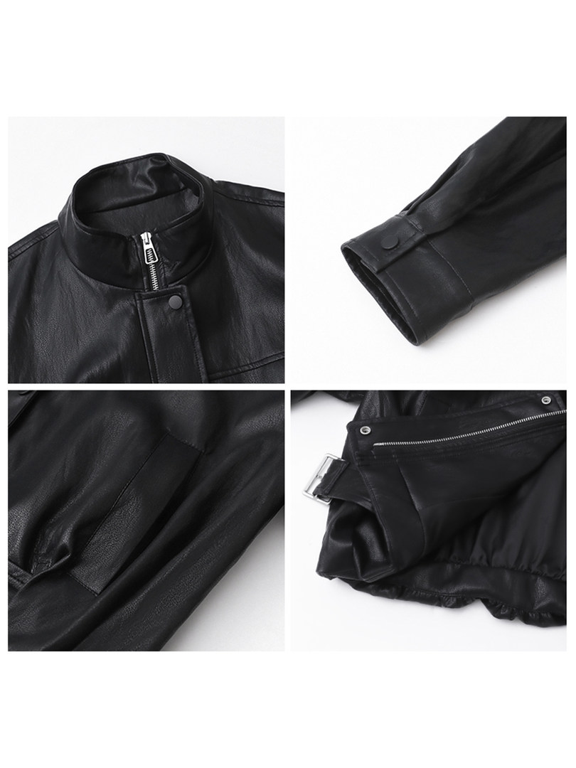 Black leather jacket shown in close-up detail shots