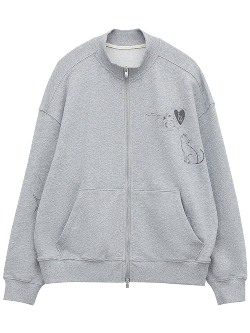 Gray zip-up sweatshirt jacket with cat graphic on a white background