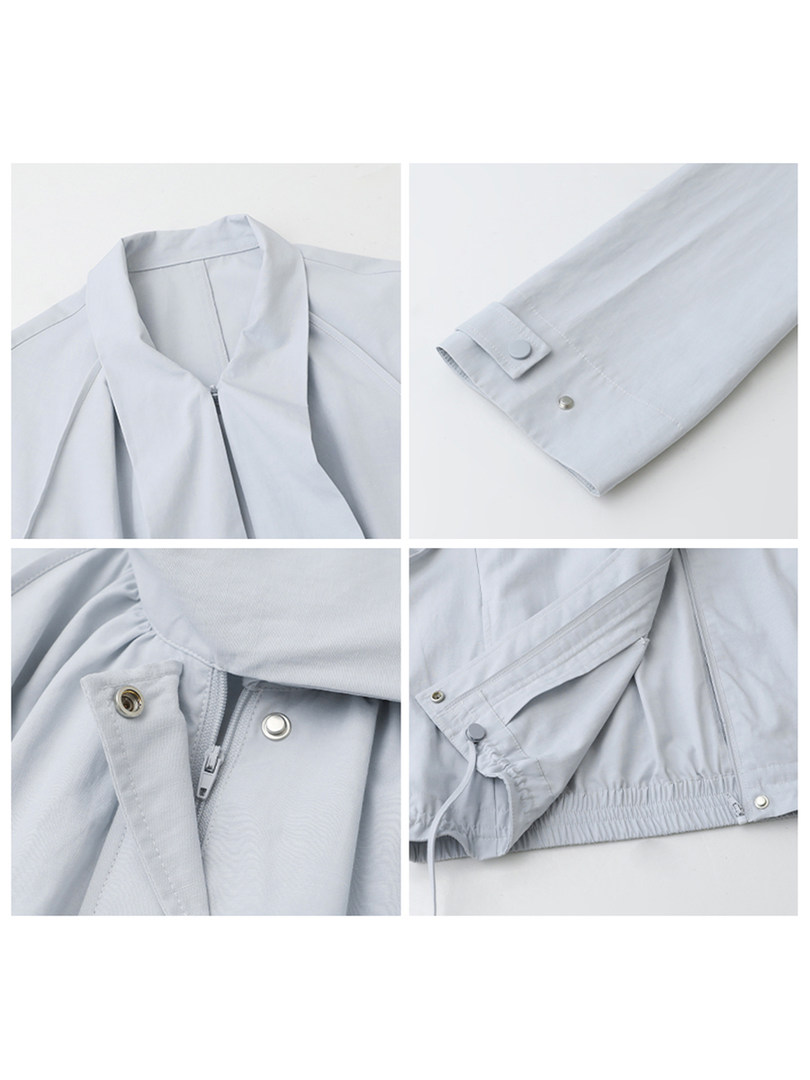 Light gray lightweight jacket shown in close-up detail views