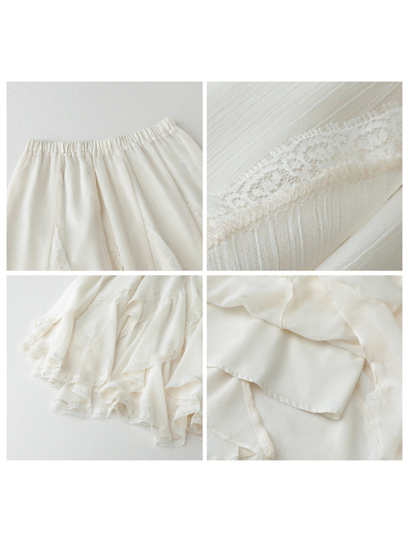 White lace-trimmed skirt laid flat with fabric detail close-ups