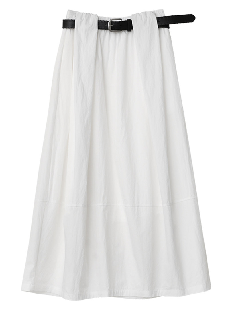 White flowy skirt with a black belt on a white background