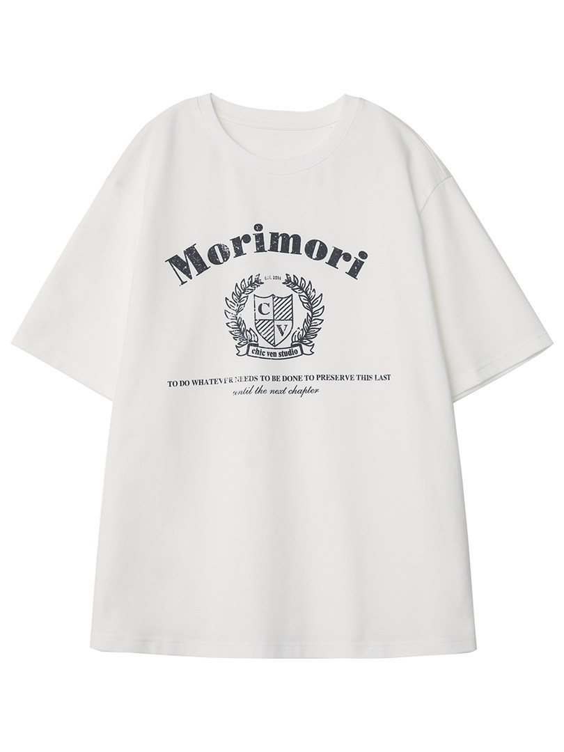 White graphic oversized T-shirt with black collegiate-style print