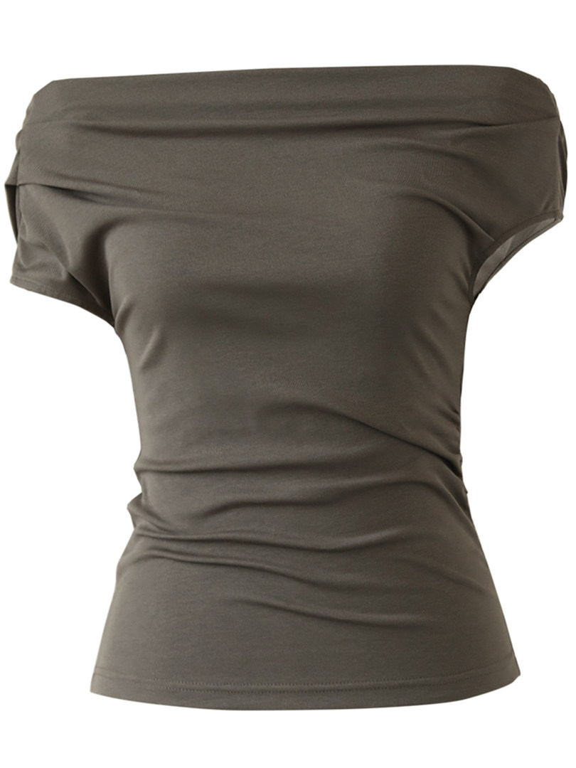 Dark off-shoulder short-sleeve fitted top on a white background