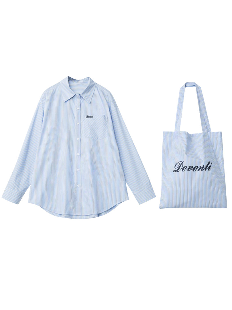 Light blue striped button-up shirt with matching tote bag on white background