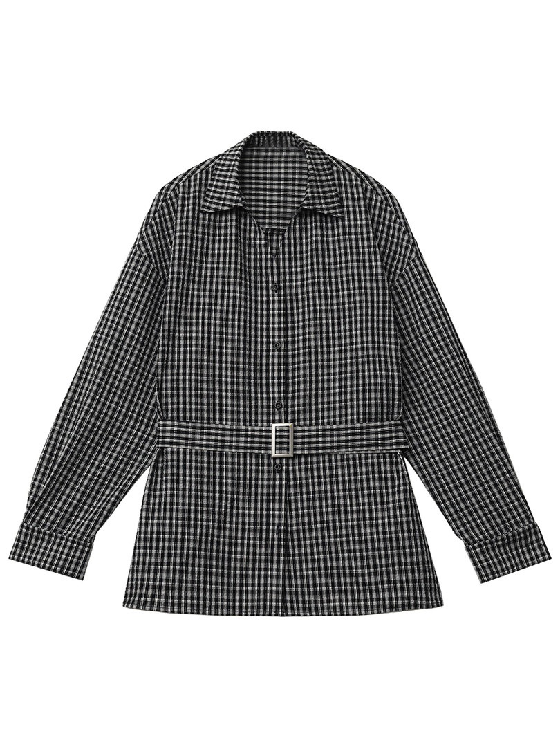 Black and white plaid long-sleeve belted shirt dress on a white background
