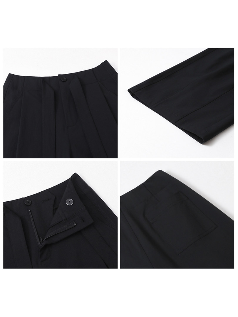 Black tailored trousers shown in multiple close-up views