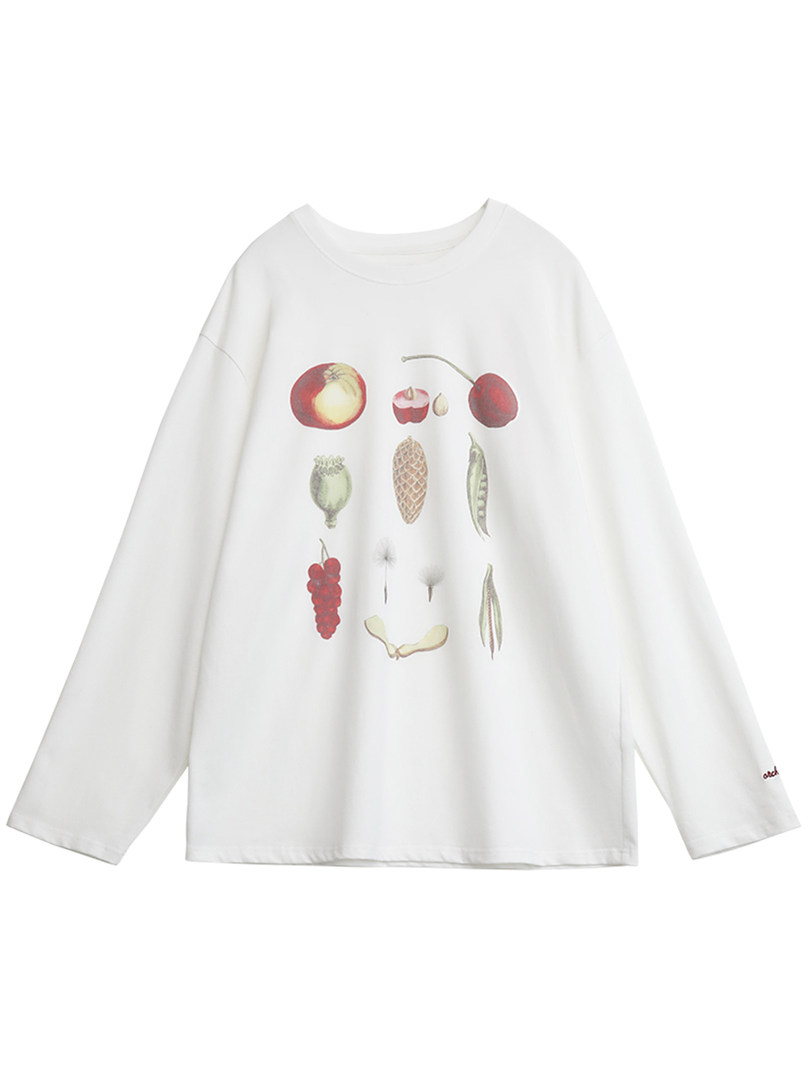 White long-sleeve graphic T-shirt with fruit illustrations laid flat on a white background