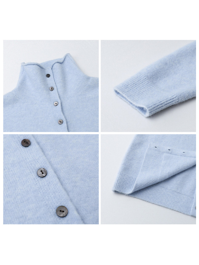 Light blue knit cardigan sweater with buttons shown in close-up views