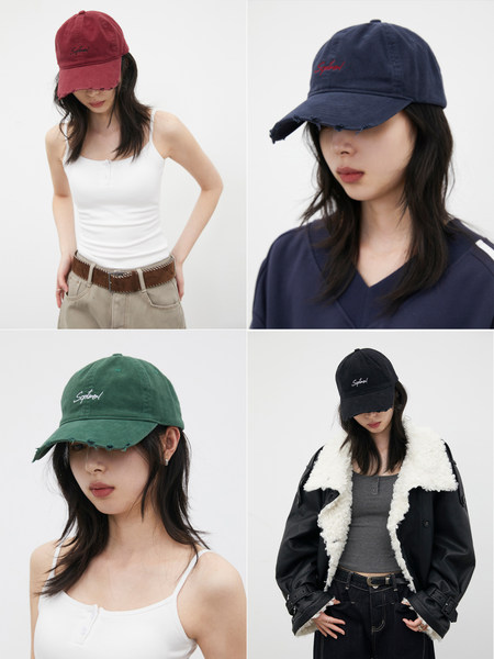 Multiple model photos showing embroidered baseball caps in different colors