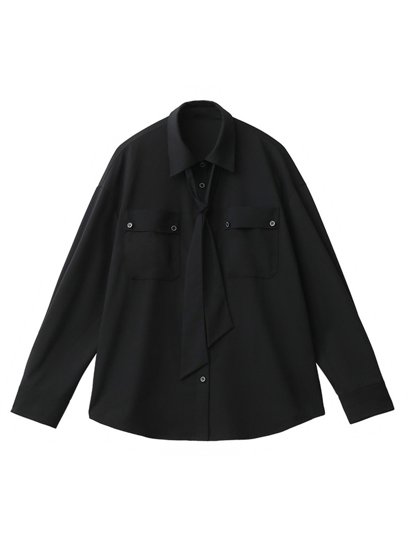 Black long-sleeve button-up shirt with chest pockets on a white background