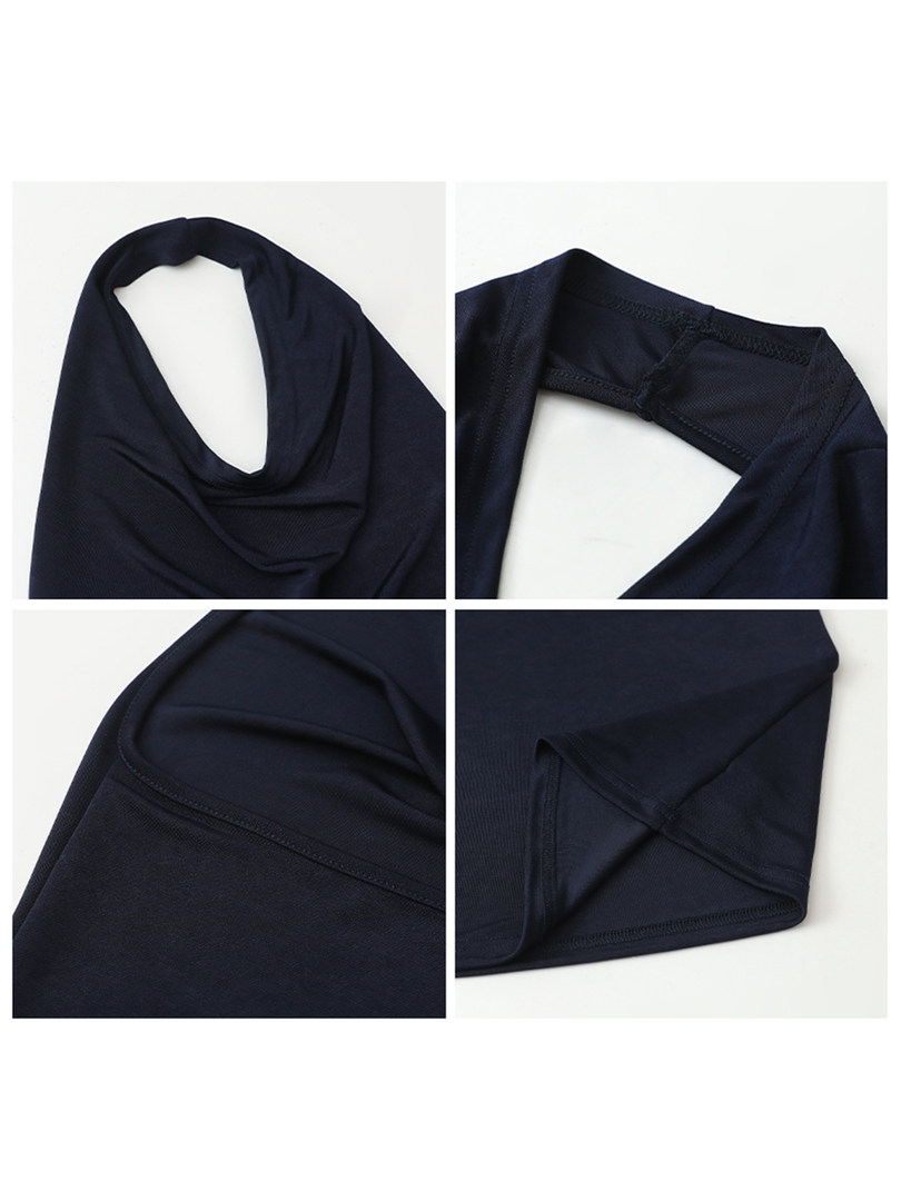 Dark navy stretchy garment shown in close-up detail panels