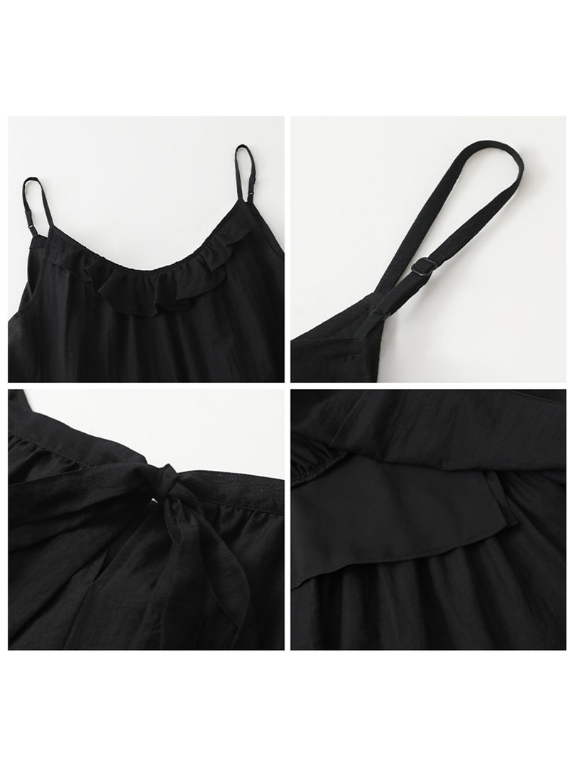 Black spaghetti strap camisole top with ruffled neckline and tie detail