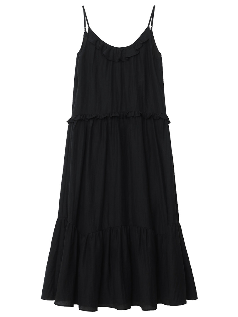 Black sleeveless ruffled dress on a white background