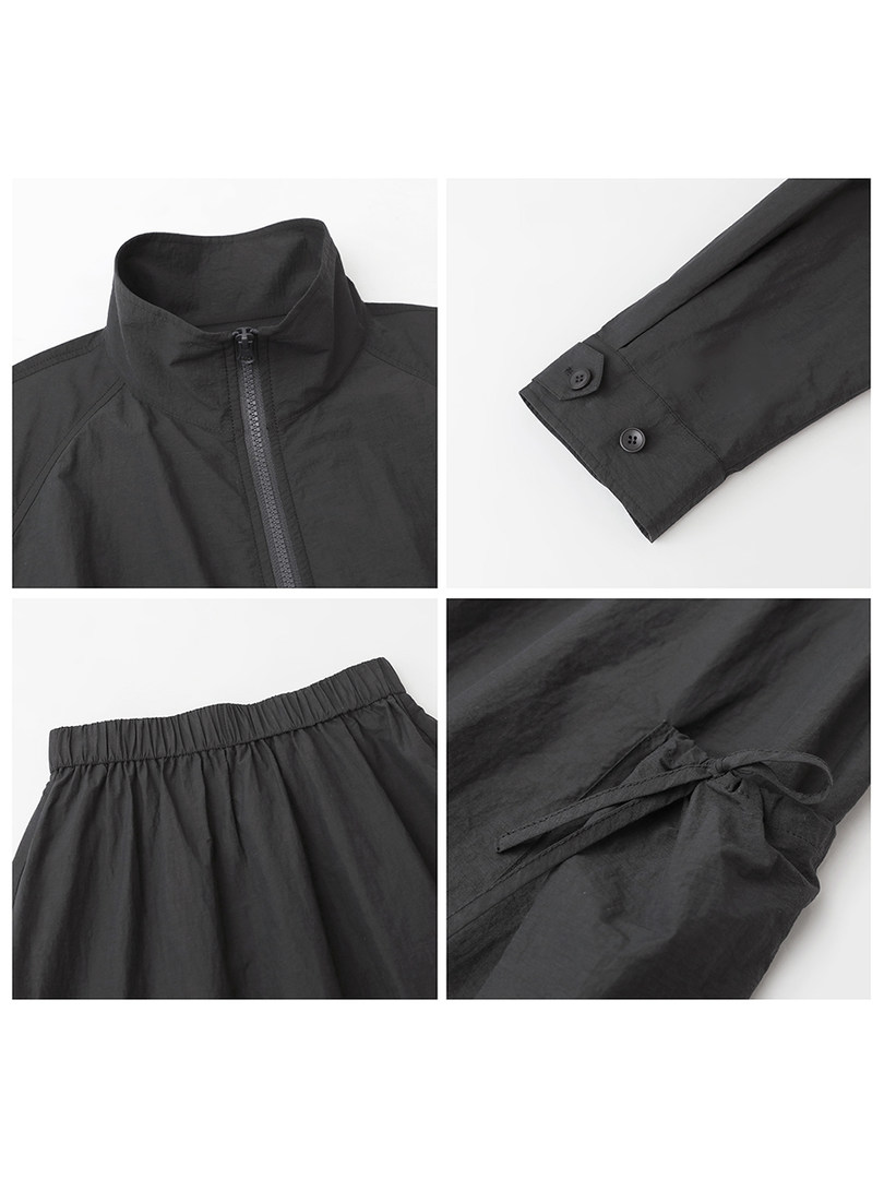 Black clothing details collage showing zipper, sleeve cuff, elastic waistband, and drawstring