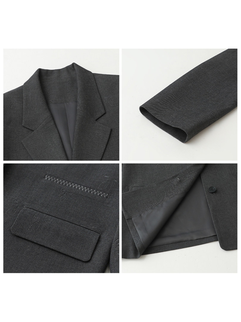Dark gray tailored blazer shown in multiple close-up views