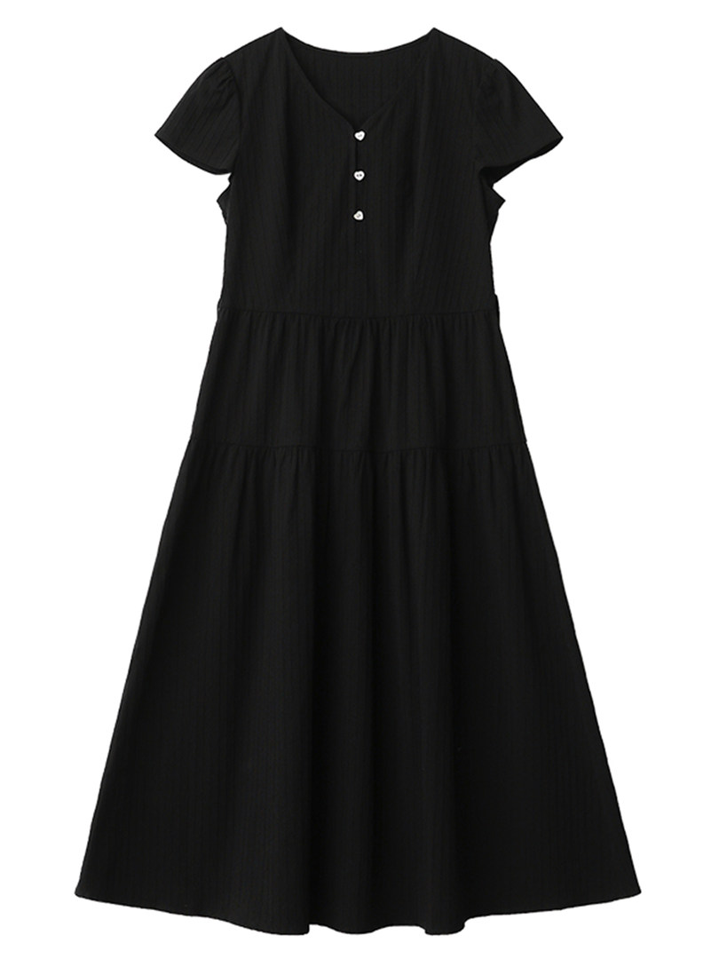 Black short-sleeve tiered midi dress laid flat on a white background