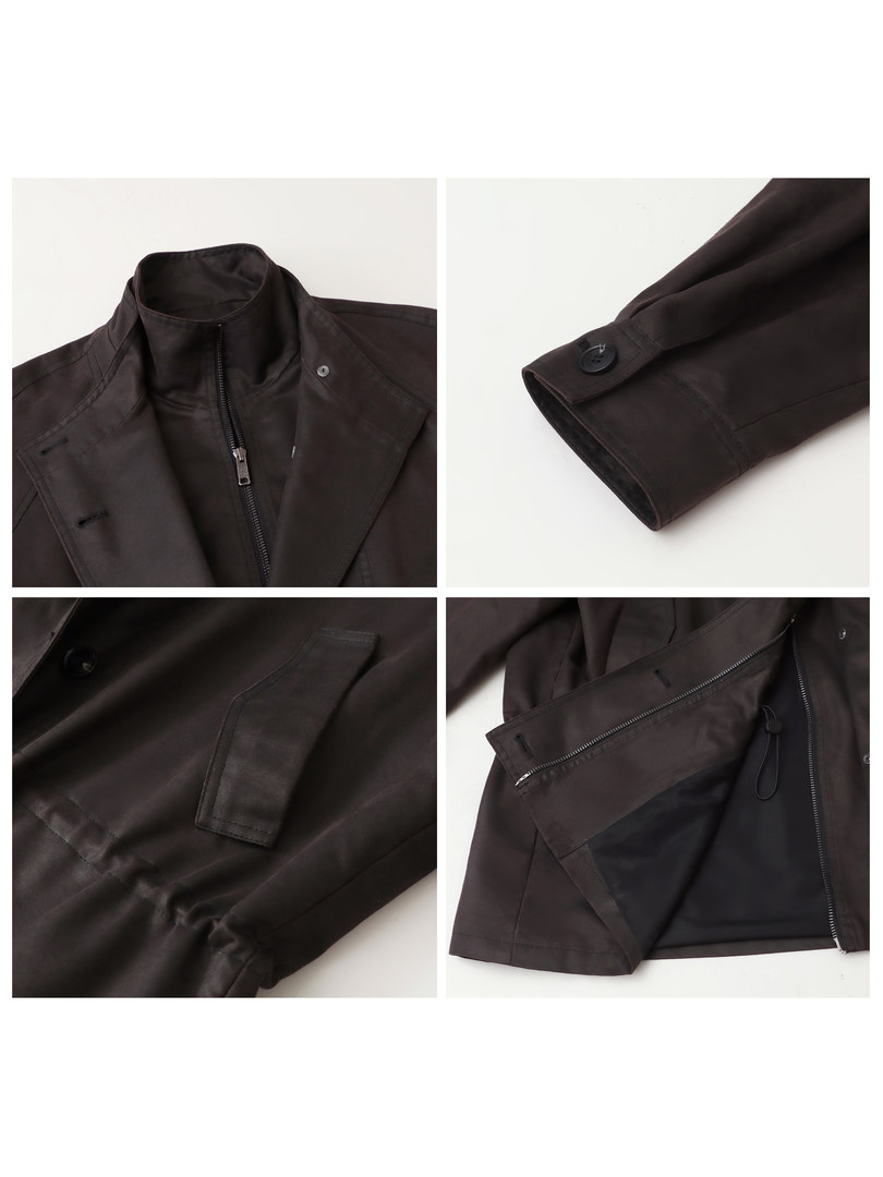 Dark brown zip-front jacket shown in a close-up product collage