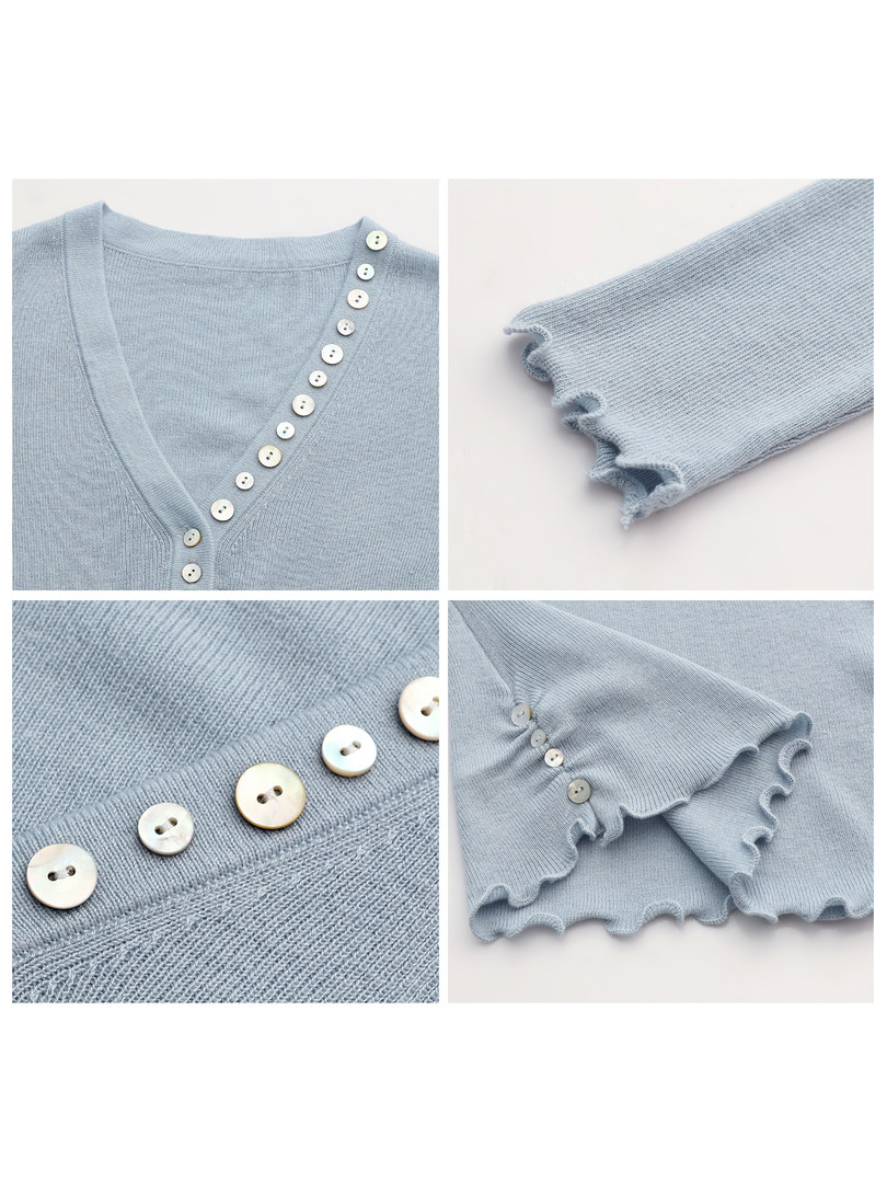 Light blue knit cardigan with button front and ruffled sleeves