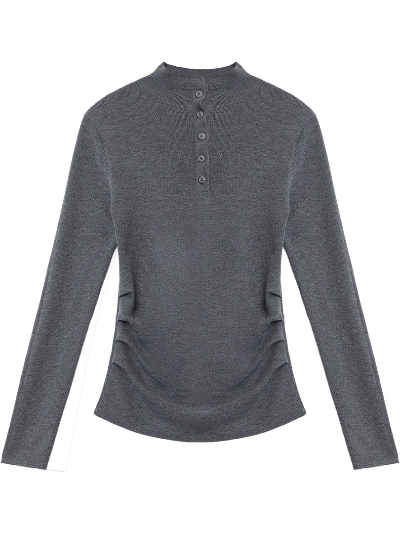 Gray long-sleeve button-front knit top laid flat on a white background