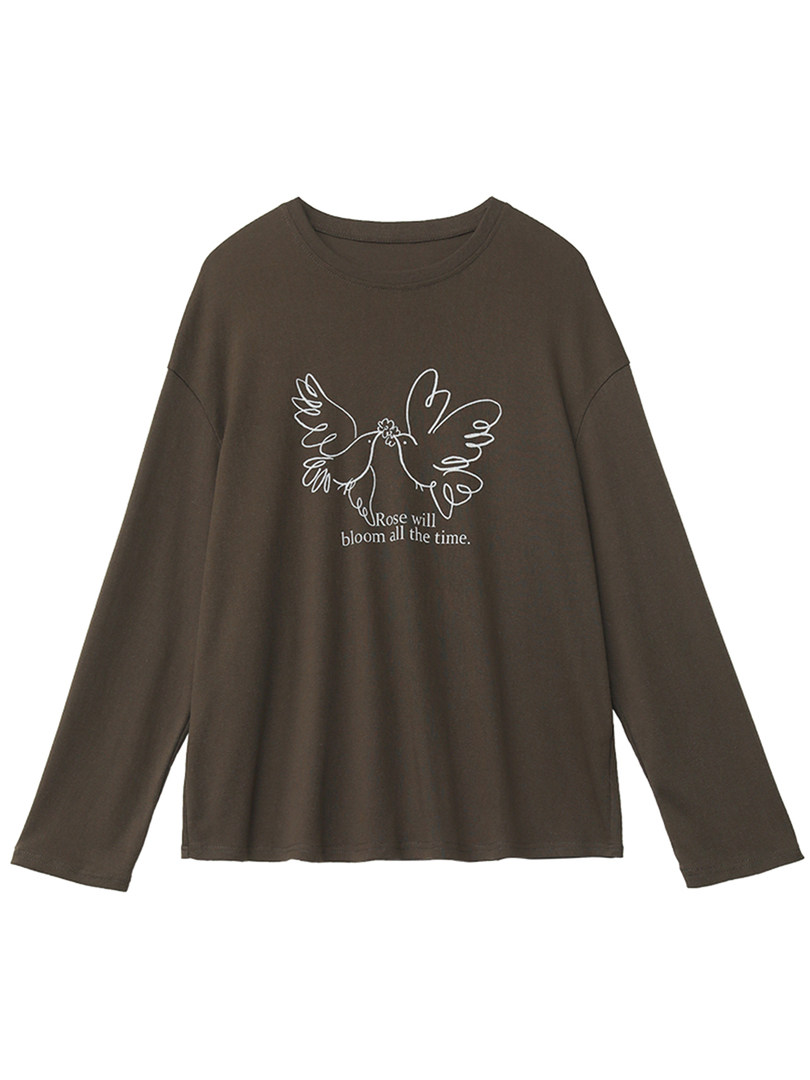 Brown long-sleeve graphic top with a white line-art bird design and text
