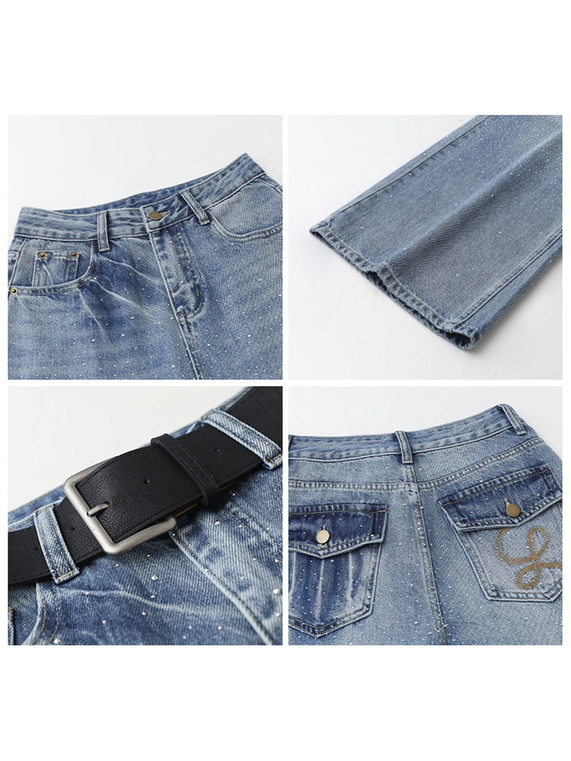 Blue embellished denim jeans shown in close-up detail views