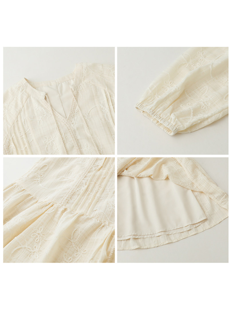 Cream embroidered dress laid flat in a four-panel collage