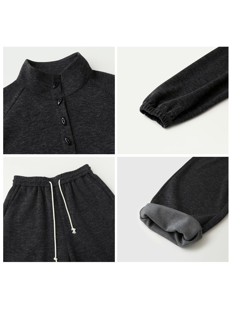 Dark gray knit loungewear set with button-up top and drawstring pants shown in close-up views