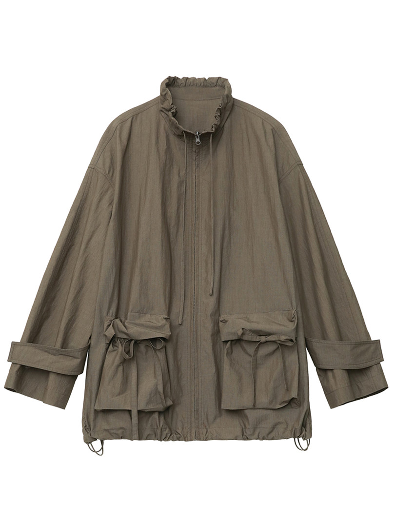 Khaki oversized zip-up jacket with front pockets on a white background