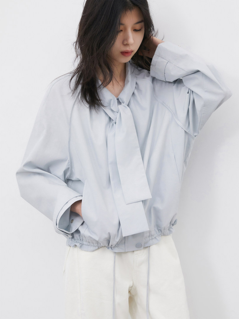 Model wearing a light gray tie-neck blouse with a relaxed fit