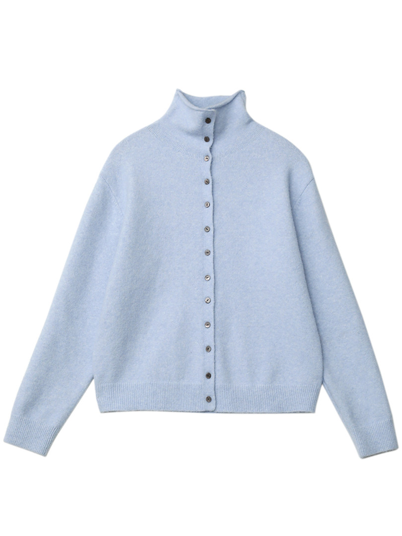 Light blue button-up knit cardigan sweater on a white background