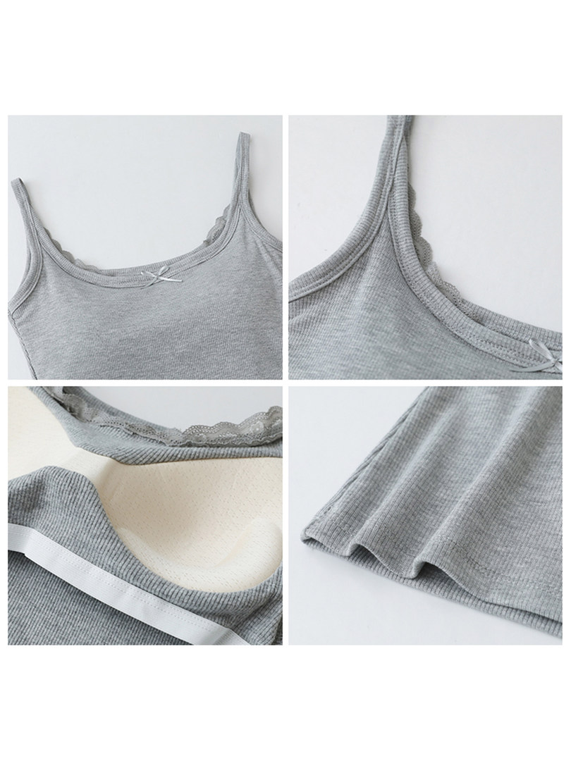 Gray ribbed lace-trim camisole top shown in close-up detail shots