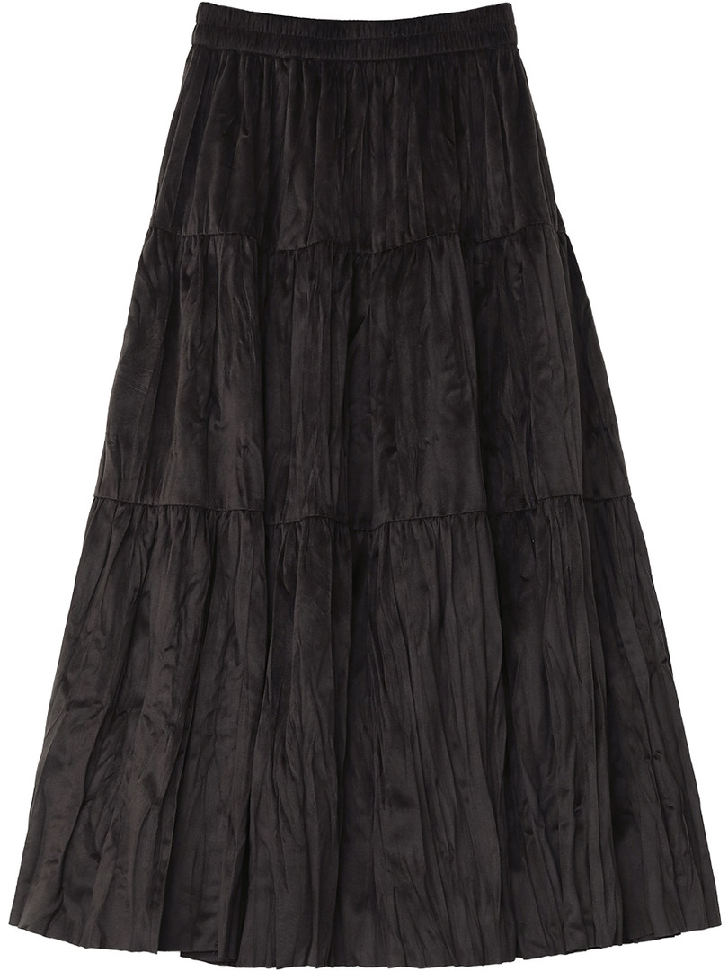 Black tiered long skirt laid flat on a white background