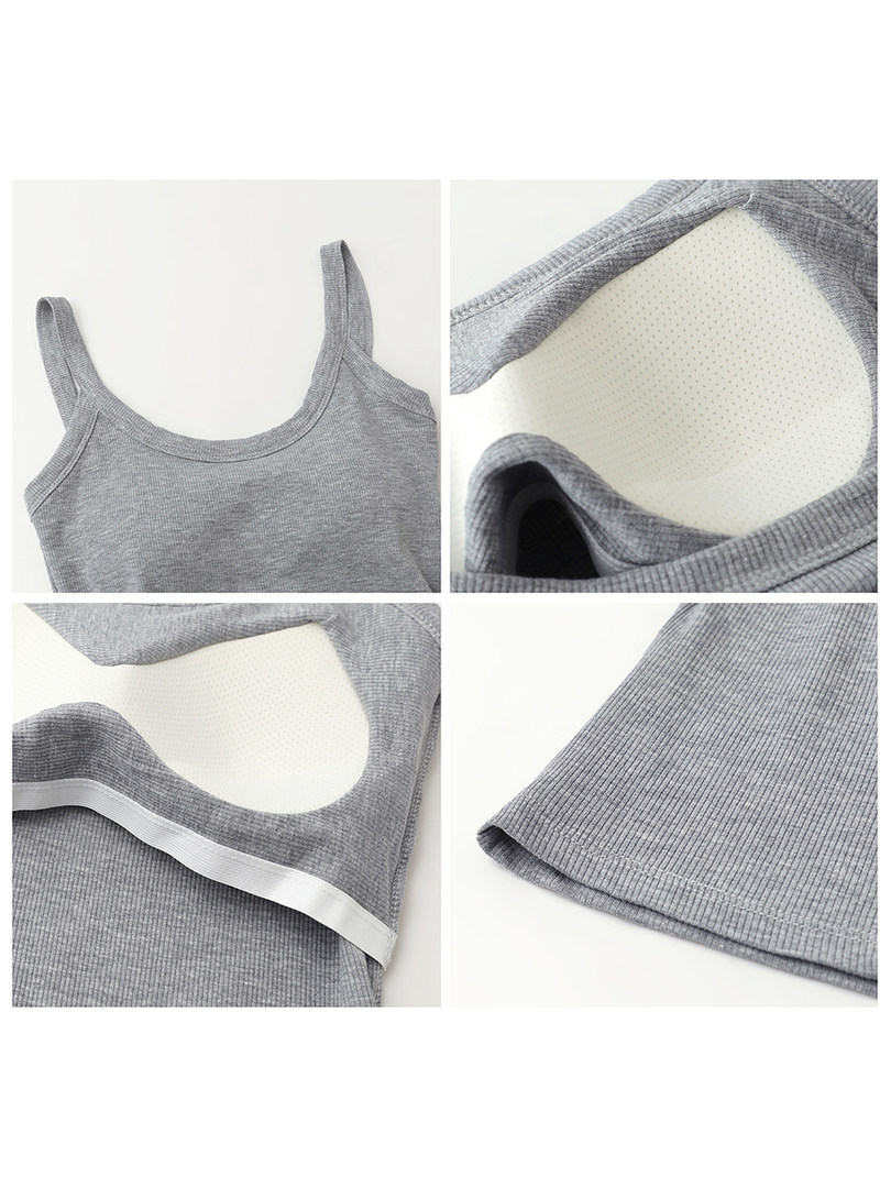 Gray ribbed sleeveless tank top shown in multiple close-up views