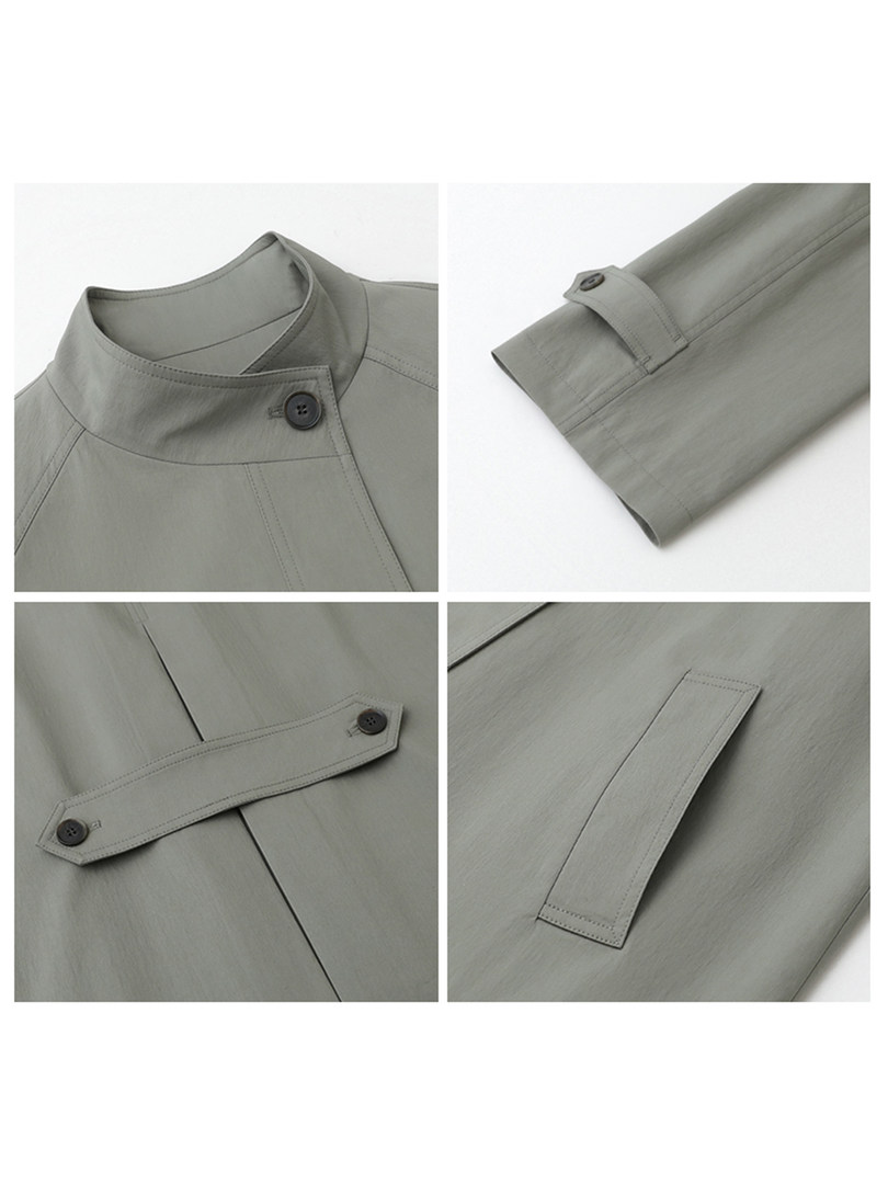 Light gray buttoned outerwear jacket shown in close-up detail shots