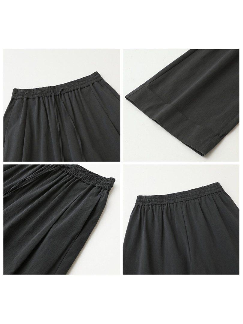 Black elastic-waist pants shown in multiple close-up product views