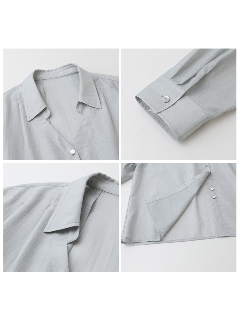 Light gray button-up shirt shown in close-up detail shots