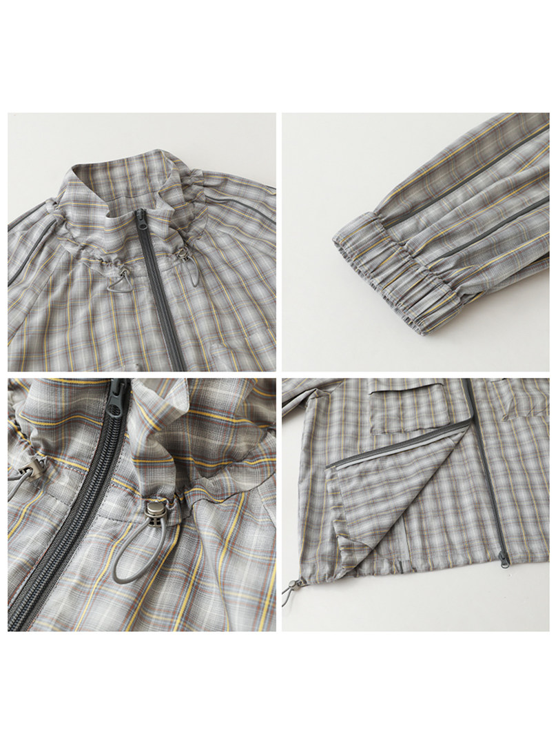 Gray plaid zip-up garment with drawstrings shown in multiple close-up views on a white background