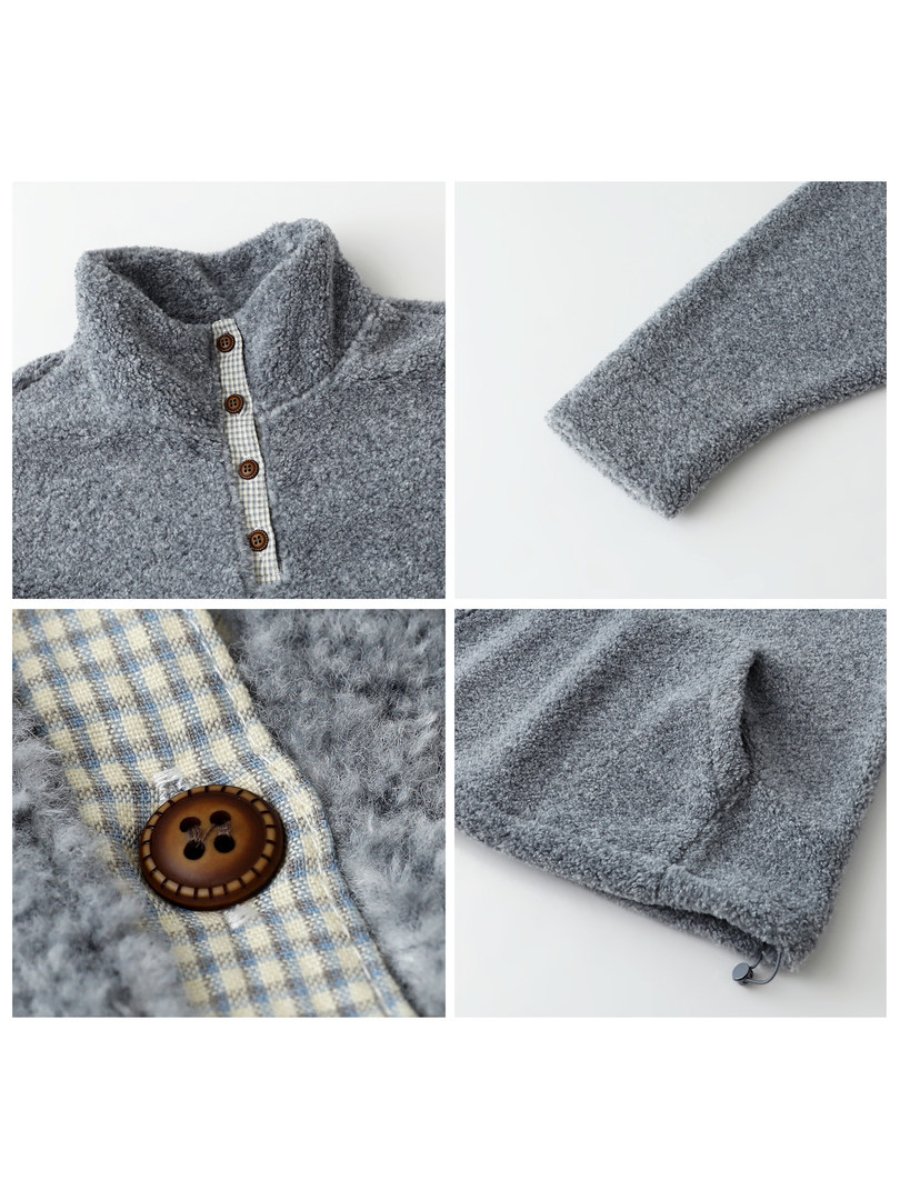Grey fuzzy fleece pullover with button placket and close-up detail views