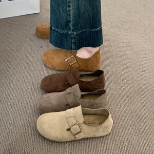软皮勃肯鞋女春秋新款森系复古丑萌单鞋一脚蹬休闲软平底乐福鞋子