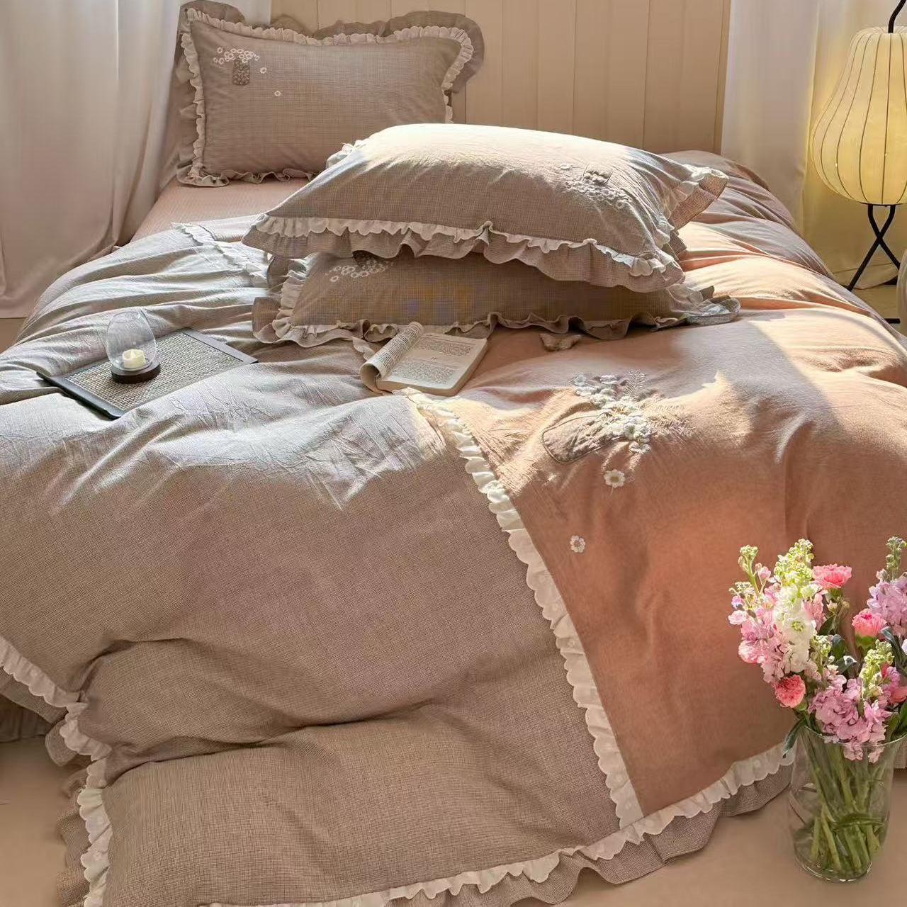 小森町·田园复古全棉纱布刺绣贴布绣床盖款四件套