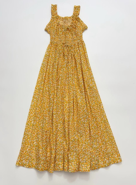 反季特价！小众法式浪漫风黄色碎花纯棉吊带长款连衣裙